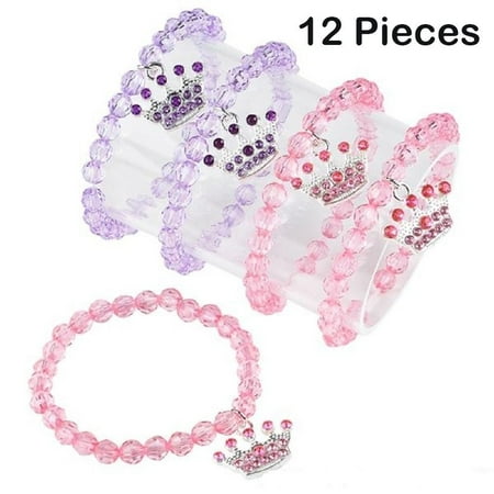 One Direction Wristband - Beaded Princess Bracelets For Kids With Tiara Charm – 12 Pack, Pink And Purple Wrist Bands - 6 ½ Inch Stretchy, One Size Fits All – For Birthday Parties, Halloween, Party Favors Etc. – By Kidsco