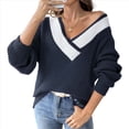 thumbnail image 2 of Suéter de Punto Ligero de Larga para Mujer, con Cuello en V y Costuras en Contraste. Azul Oculto S, 2 of 9