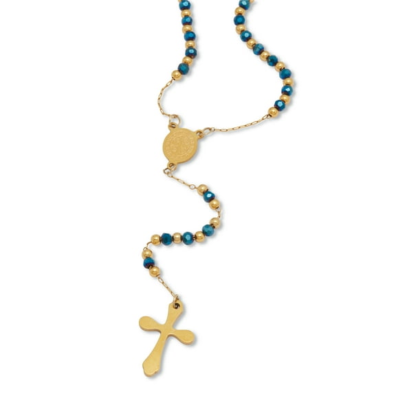 Yellow Gold Ion-Plated Stainless Steel Crystal Beaded Rosary Necklace 21-inch