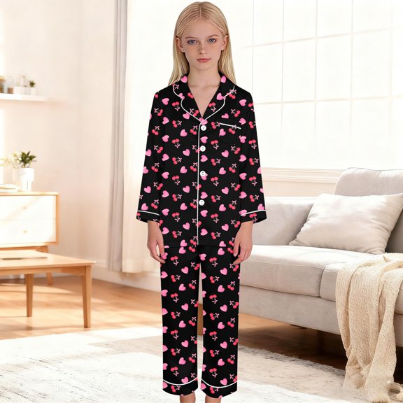 ZHOGXU Big Kids Girls Pajama Sets Long Sleeve Lapel Cherry And Heart Print Top And Pants Sleepwear Comfortable Two Piece Outfits For Daily Wear Black 3-4 Years