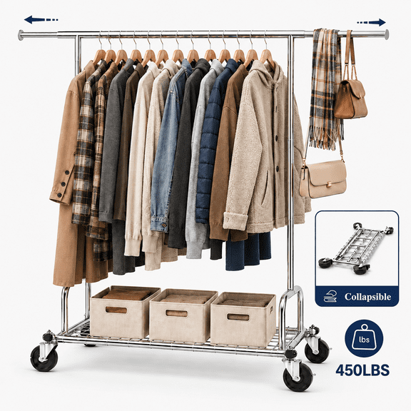 UNTIMATY 525 LBS Heavy Duty Clothes Rack, Collapsible Metal Garment Rack for Hanging Clothes with Wheels & Shelves, Portable Closet Wardrobe Rack,Sliver