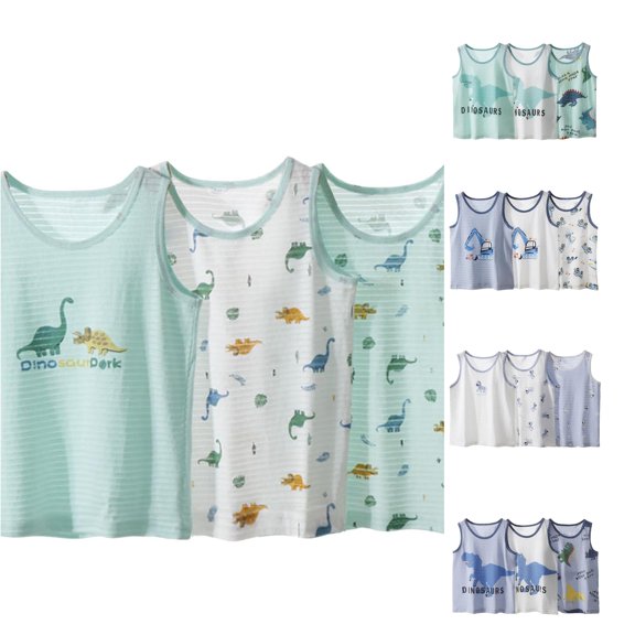OSOLU Boys Tank Tops Sleeveless 3 Pack Contrast Trim Dinosaur Print Breathable Striped Casual Undershirt