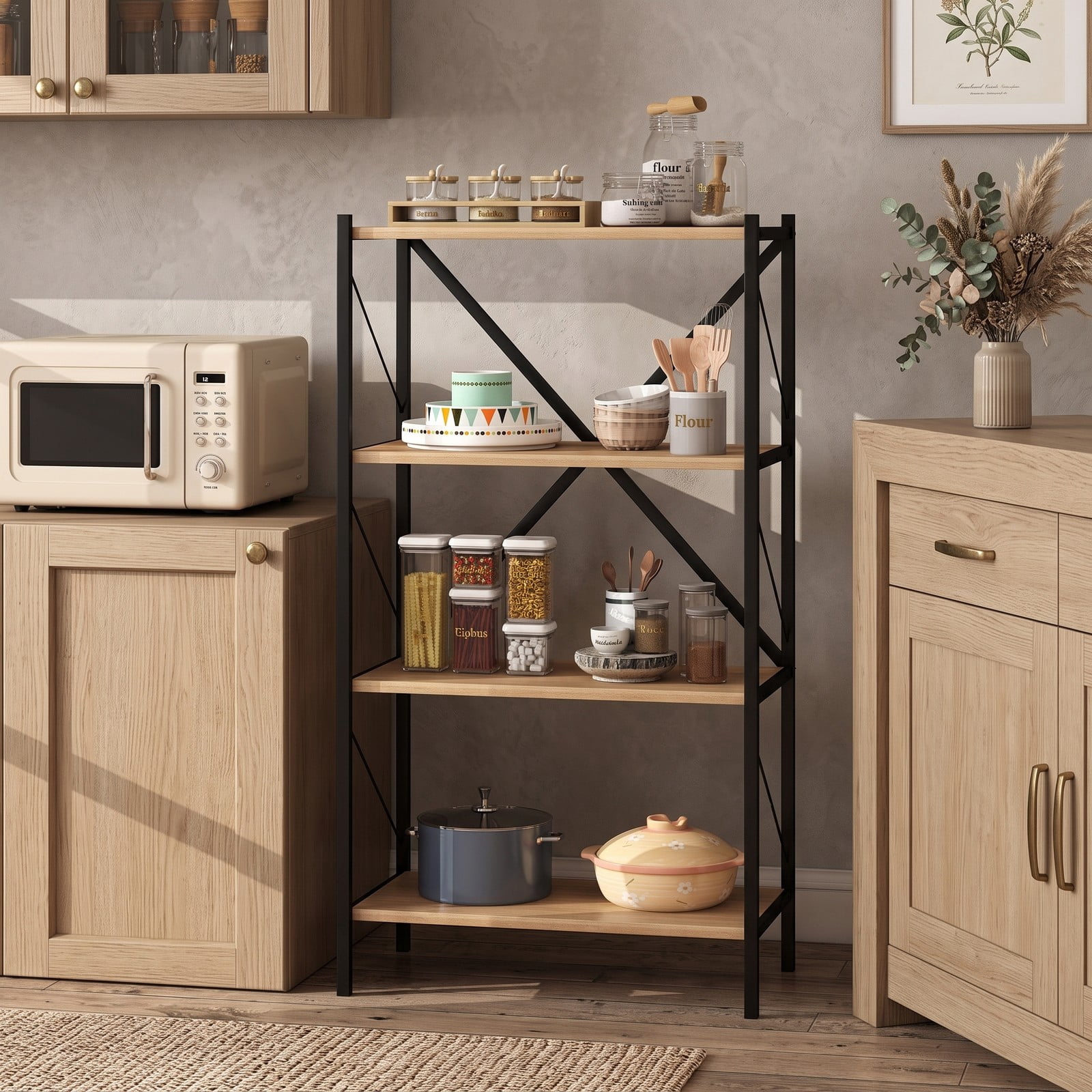 Furnibear 4-Tier Bookshelf with Heavy-Duty Metal Frame, X-Braced Freestanding Storage Bookcase Organizer Plant Stand for Living Room Bedroom Home Office, Walnut