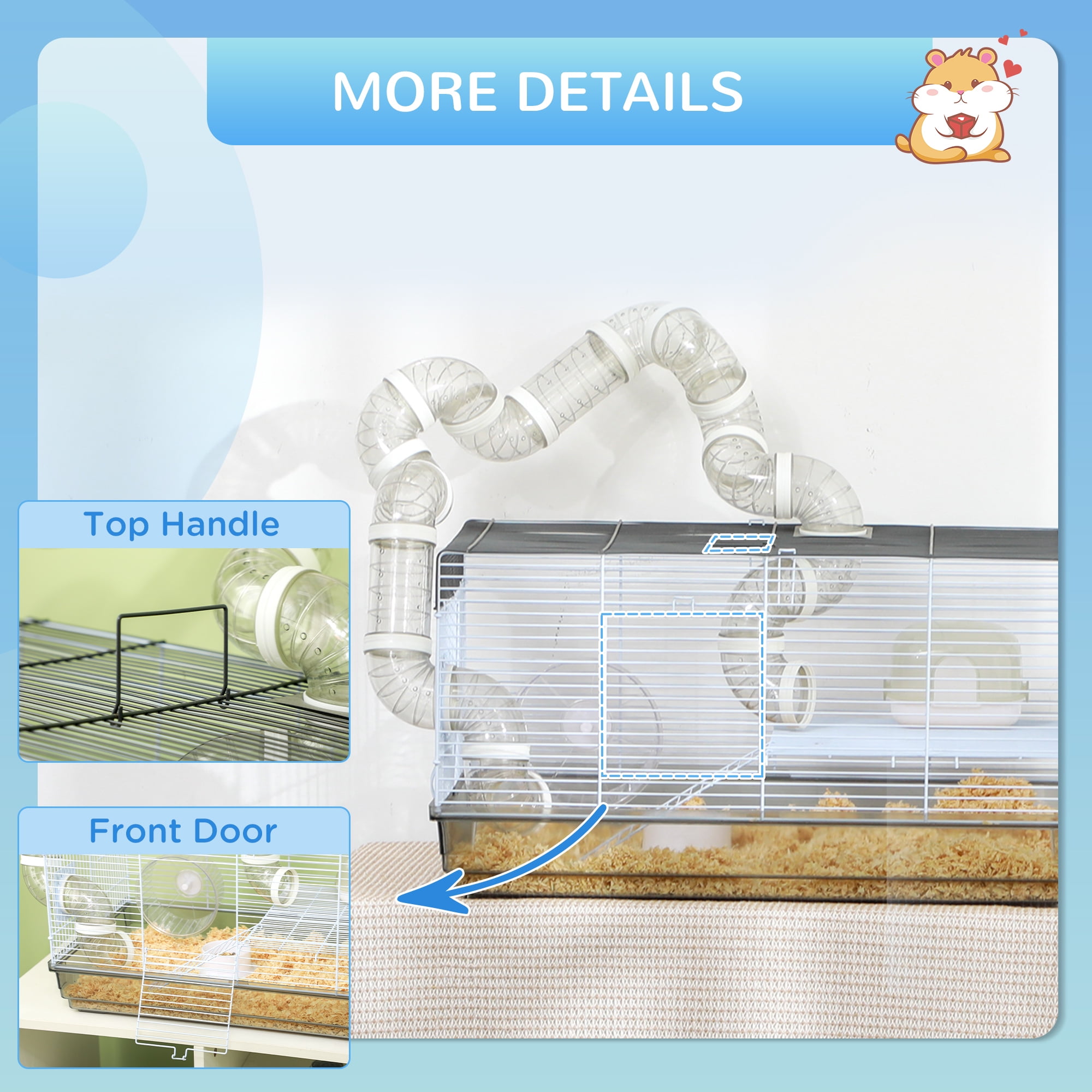 PawHut 2 Levels Hamster Cage for Gerbil or Dwarf Hamster with Tube Tunnels, Exercise Wheel, Food Dish, Water Bottle, Ramp, 23" x 13" x 12", Gray