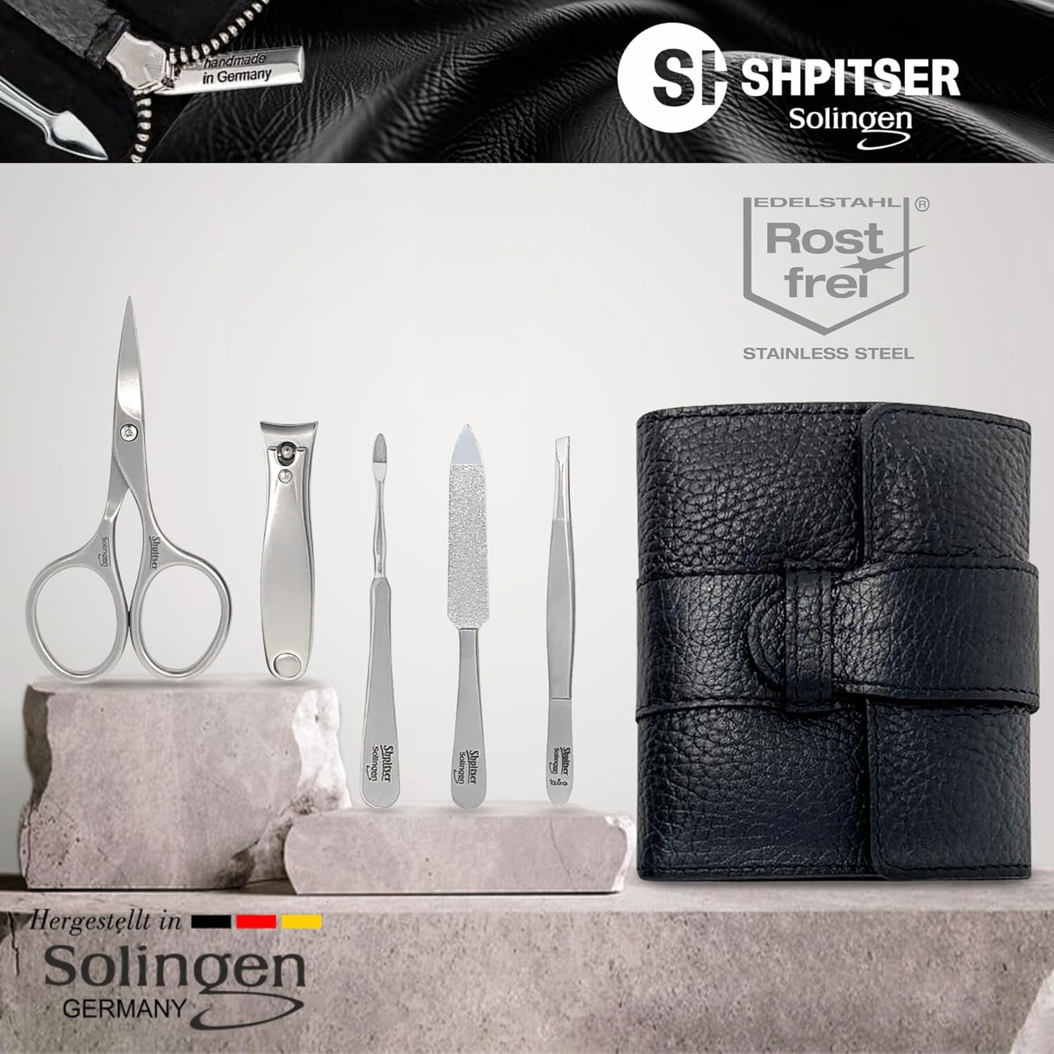 Shpitser Nail Kit, Manicure and Pedicure Women Set of 5 tools: Scissors, Clipper, Tweezers, Nail Cleaner, Nail File, Made in Solingen, Germany, Sturdy Stainless Steel, In Italian Leather Case (Black)