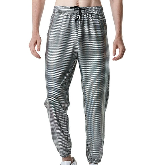 Metallic Pants for Men Trendy Casual Elastic Waist Loose Fit Performance Workout Stretchy Jogger Pants