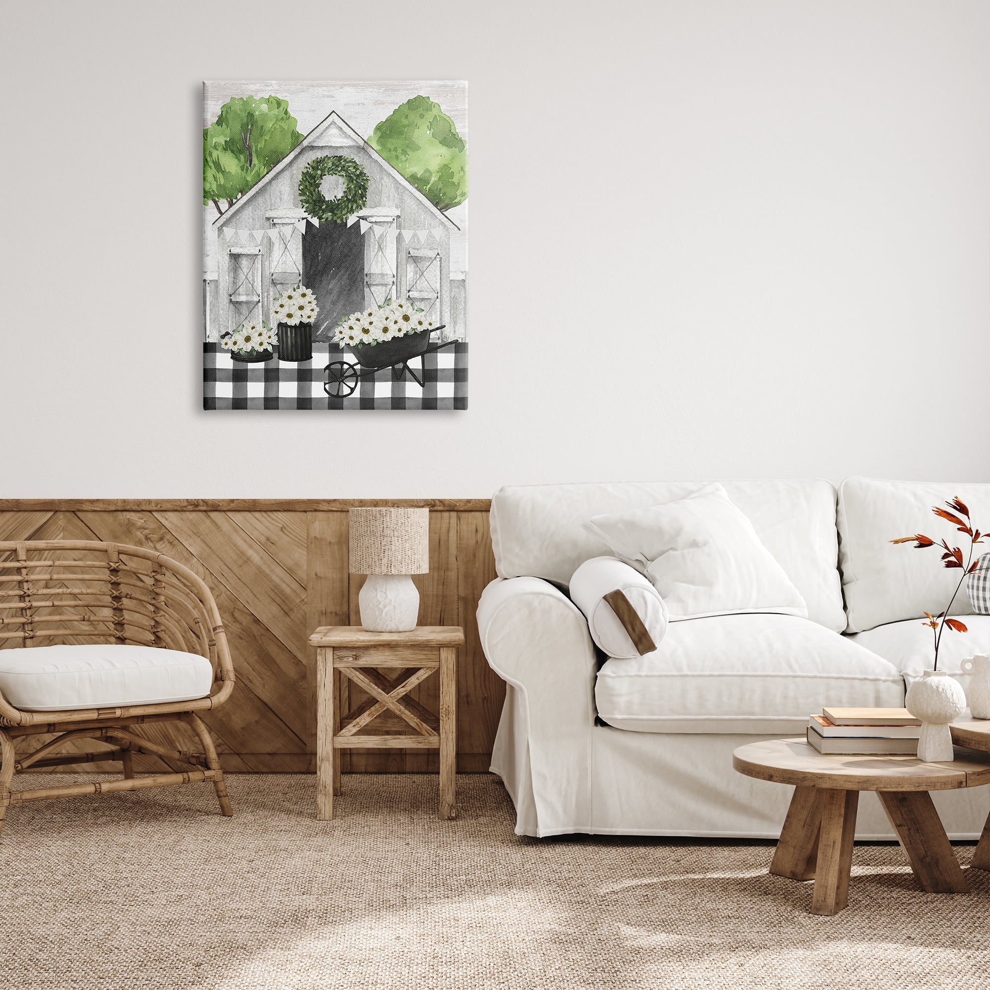 Stupell Industries Plaid Barn with Floral Wagon Botanical & Floral Painting Gallery Wrapped Canvas Art Print Wall Art, 30 x 40