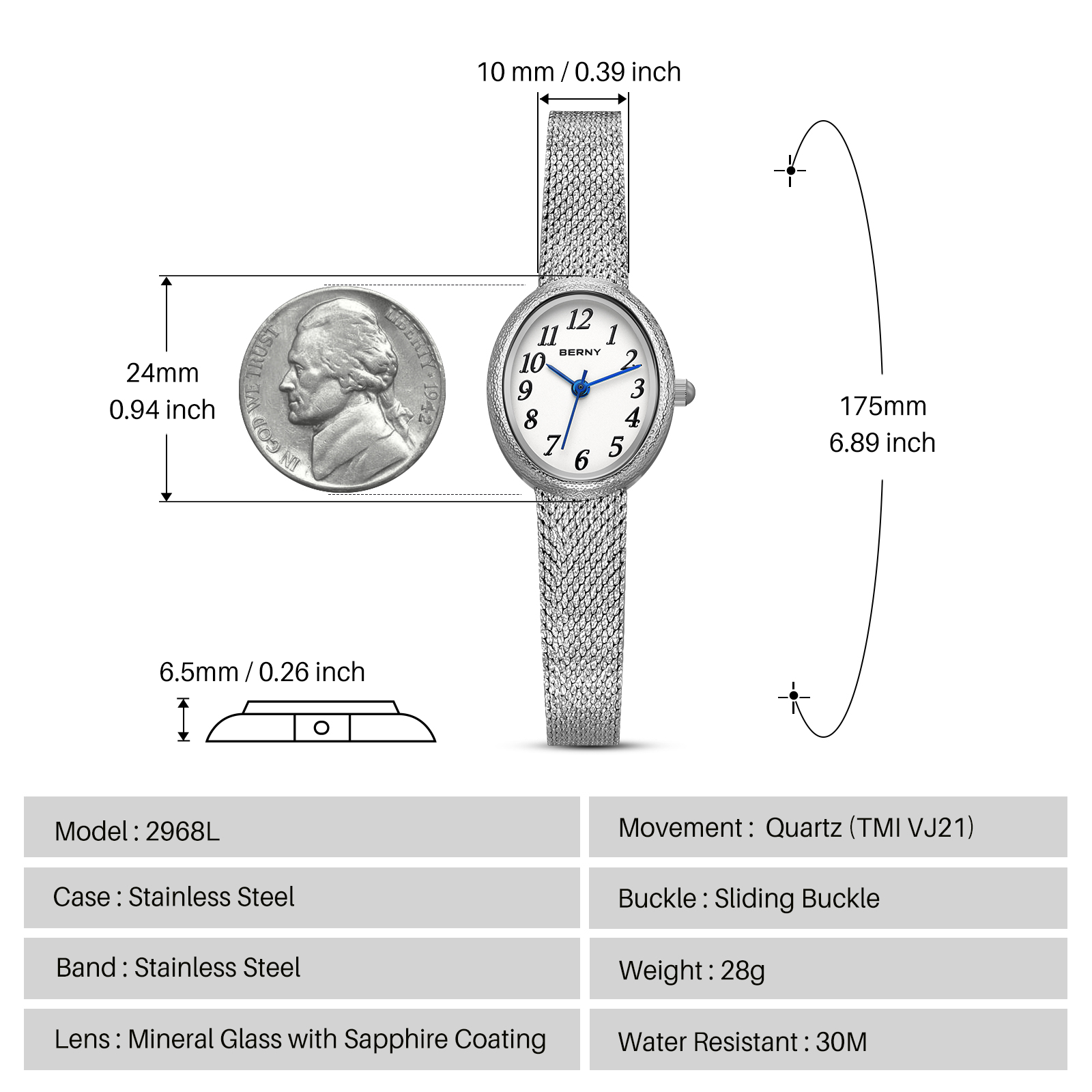 BERNY Small Silver Watches for Women, Dainty Easy to Read Oval Dial, Vintage Stainless Steel Bracelet Watch, Adjustable Mesh Band, Waterproof, Luxury Ladies Analog Quartz Wrist Watch Gifts (White)