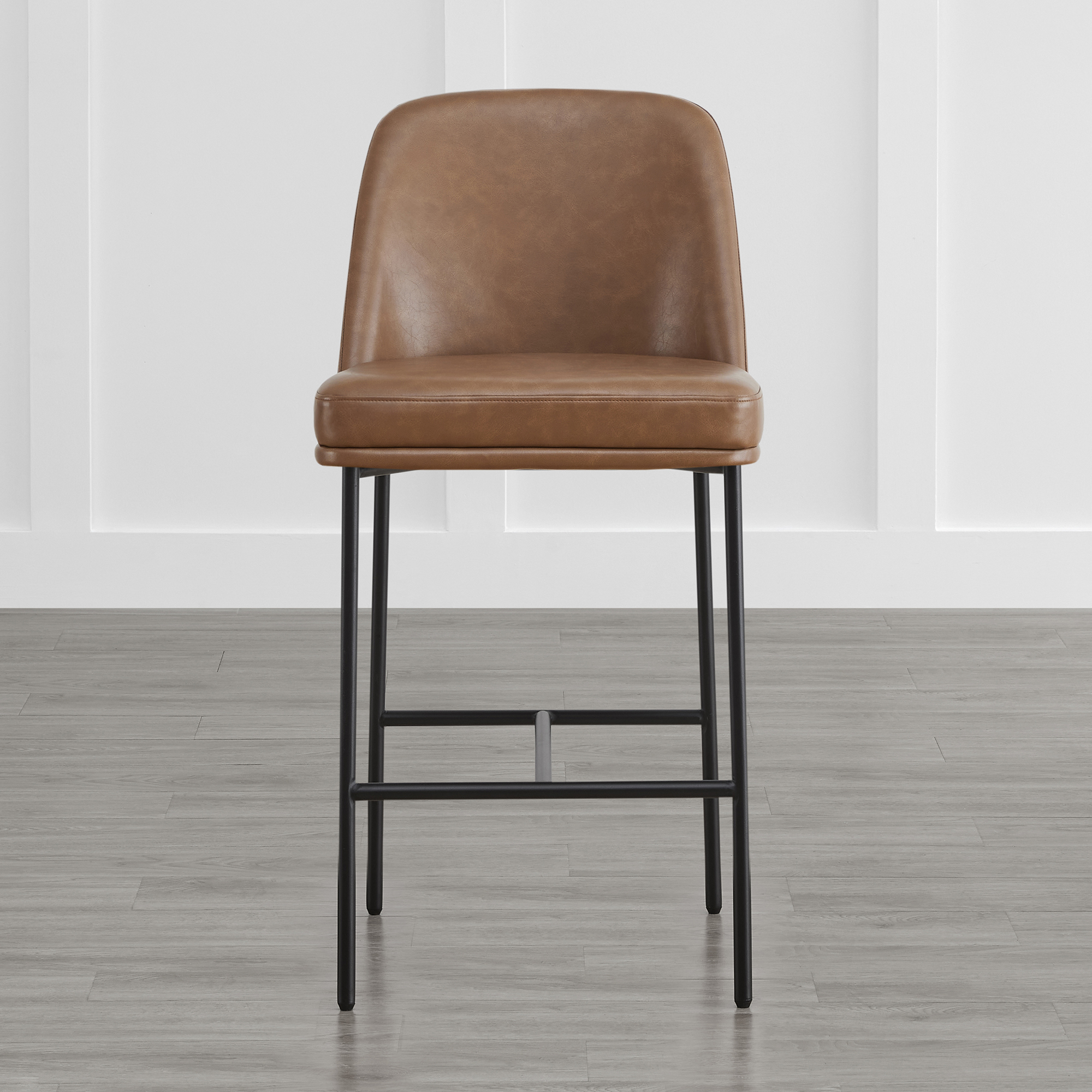 Spruce & Spring Modern 27-Inch Contemporary Counter Stool Set with Upholstered Seat and Metal Frame Set of 2, Saddle Brown Faux Leather