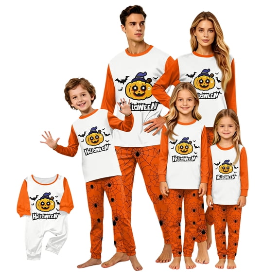 HTHLVMD Halloween Pajamas, Family Pajamas, Halloween Matching Family Pajamas Orange Pumpkin Print Long Sleeve Two Piece Pajama Set Magical Sleepwear Nightwear Loungewear Bepumpkin Ed Photos