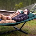 thumbnail image 2 of SUNCREAT Hammocks Extra Large Double Hammock with 12 ft Stand for Outside, 475lbs Capacity, Outdoor Portable Hammock with Hardwood Spreader Bar, Extra Large Pillow, Dark Green, 2 of 8
