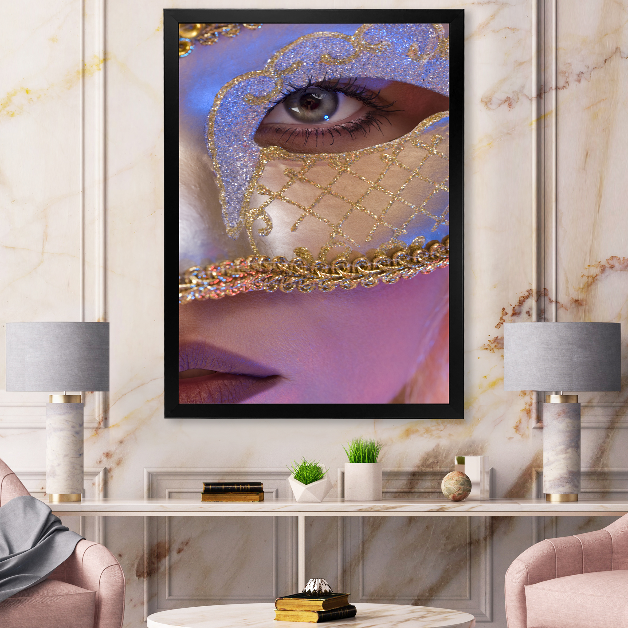 Designart 'Venetian Mask On Female Face' Modern Framed Art Print