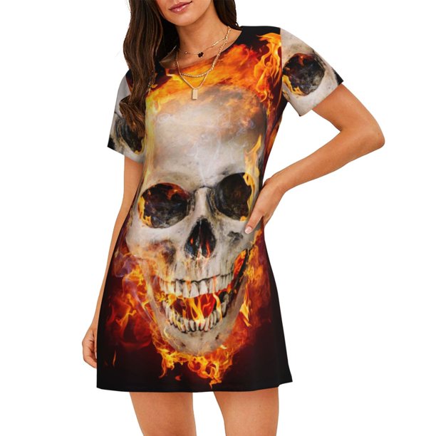 Fotbe Satanic Skull Bata de Dormir para Mujer con Estampado, Camisón de Algodón de Manga Corta, Ropa de Dormir Casual