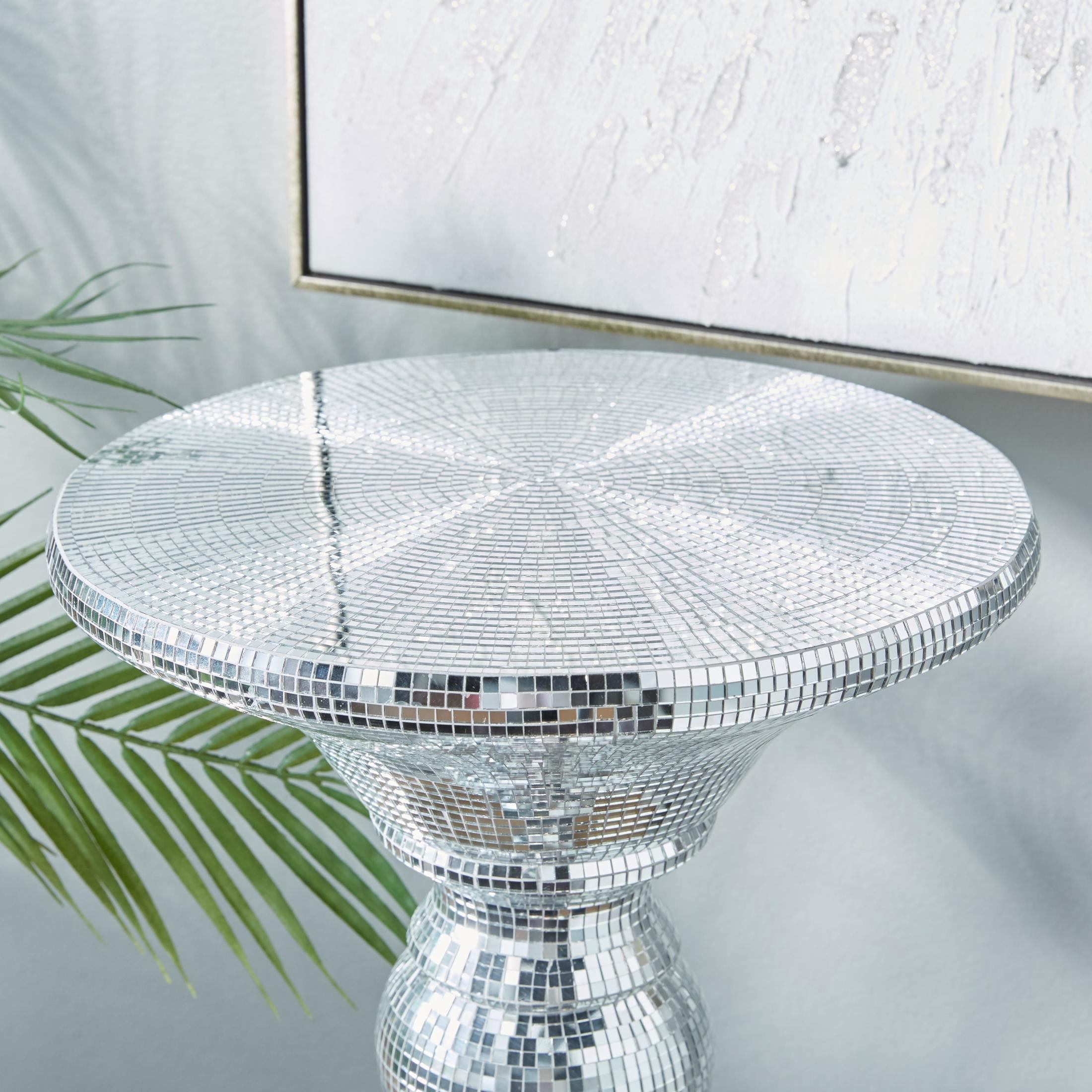 DecMode 14" x 36" Silver Glass Mosaic Mirrored Turned Floor Pedestal Table, 1-Piece