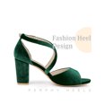 thumbnail image 3 of BLISSFUL STEP Women's Shoes Faux Velvet Chunky Heel Open Toe Crisscross Strap Buckle Sandals Emerald Green 9, 3 of 6