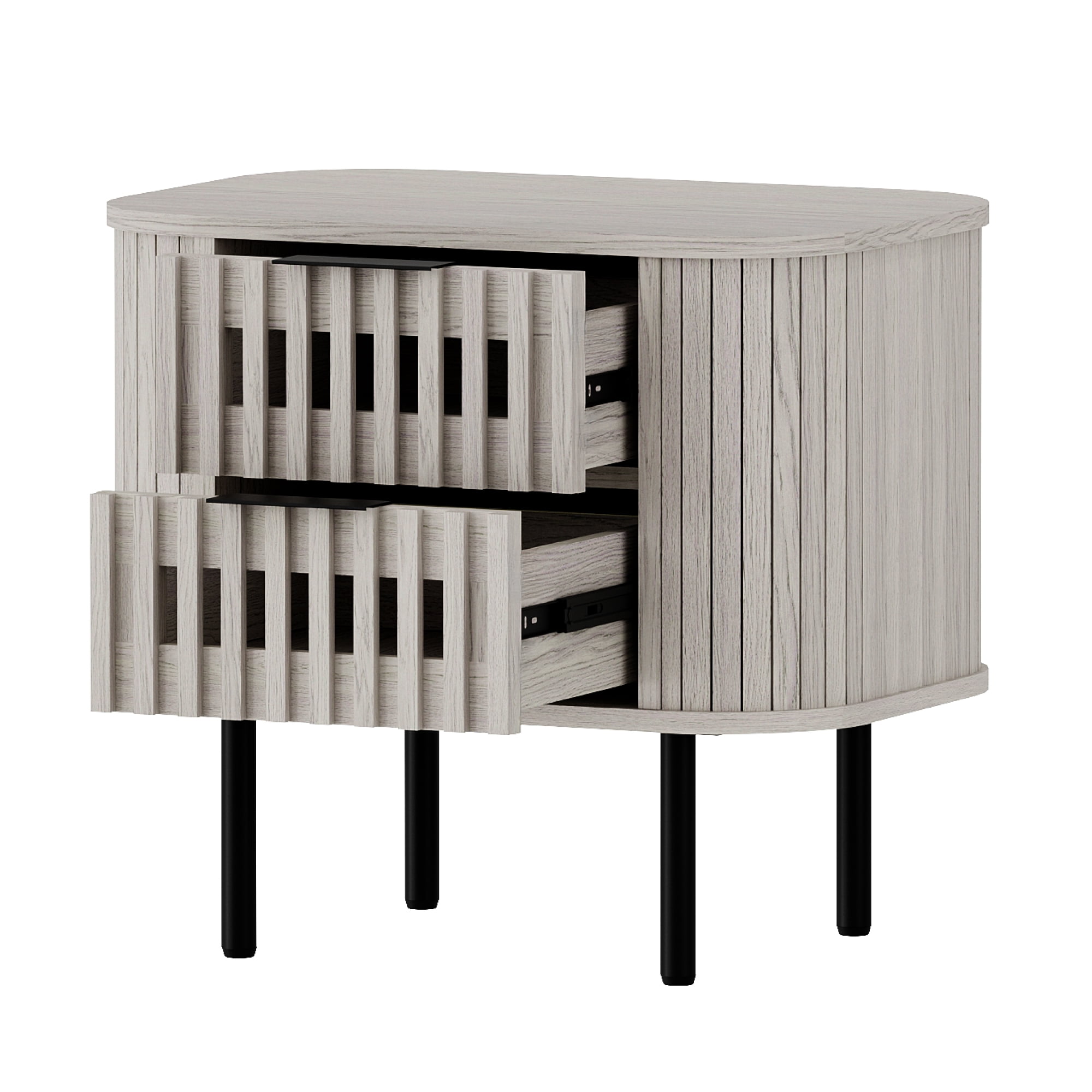 WAMPAT Fluted End Table with 2 Drawers, Modern Storage Nightstand for Living Room & Bedroom, Wooden Side Table, White Washed