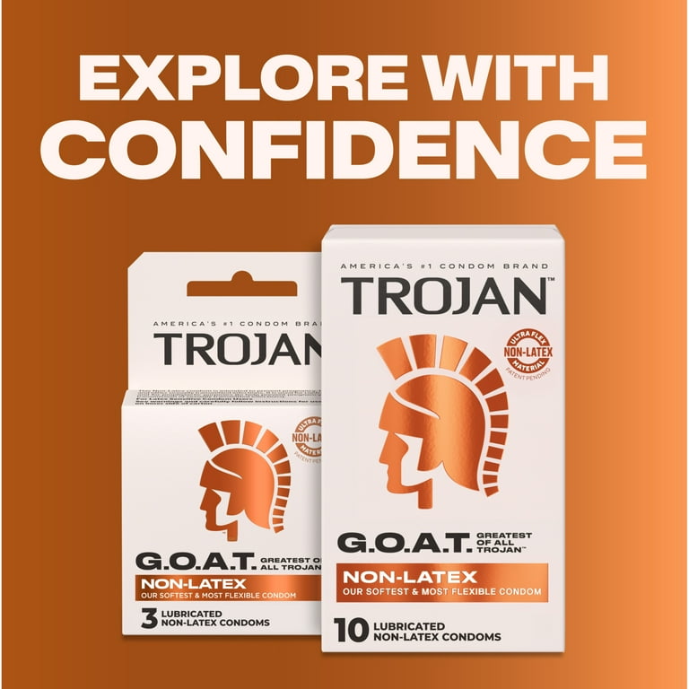 Trojan G.O.A.T. Latex-Free Lubricated Condoms for Men, Patent Pending Ultra Flex Non-Latex Material, Soft, Strong, Odorless & Colorless, 3 Count - Walmart.com Trojan G.O.A.T. Latex-Free Lubricated Condoms for Men, Patent Pending Ultra Flex Non-Latex Material, Soft, Strong, Odorless & Colorless, 3 Count - Walmart.com
