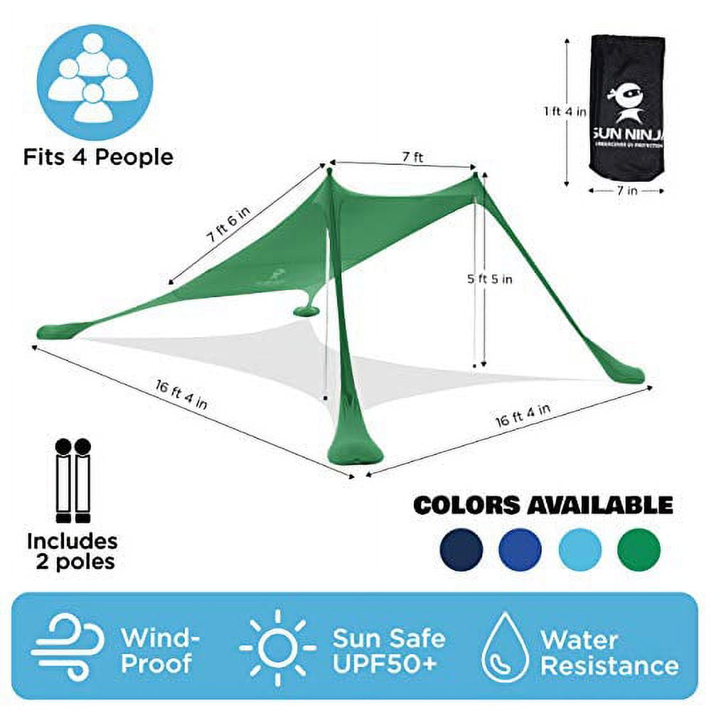 Sun Ninja Pop Up Beach Tent Sun Shelter UPF50+ with Sand Shovel, Ground Pegs and Stability Poles, Outdoor Shade for Camping Trips, Fishing, Backyard