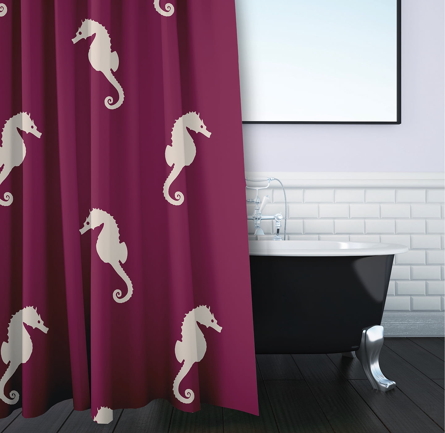 Simply Daisy 70" W x 73" L Sea Horses Polyester Shower Curtain, Maroon Red [1 Ct]