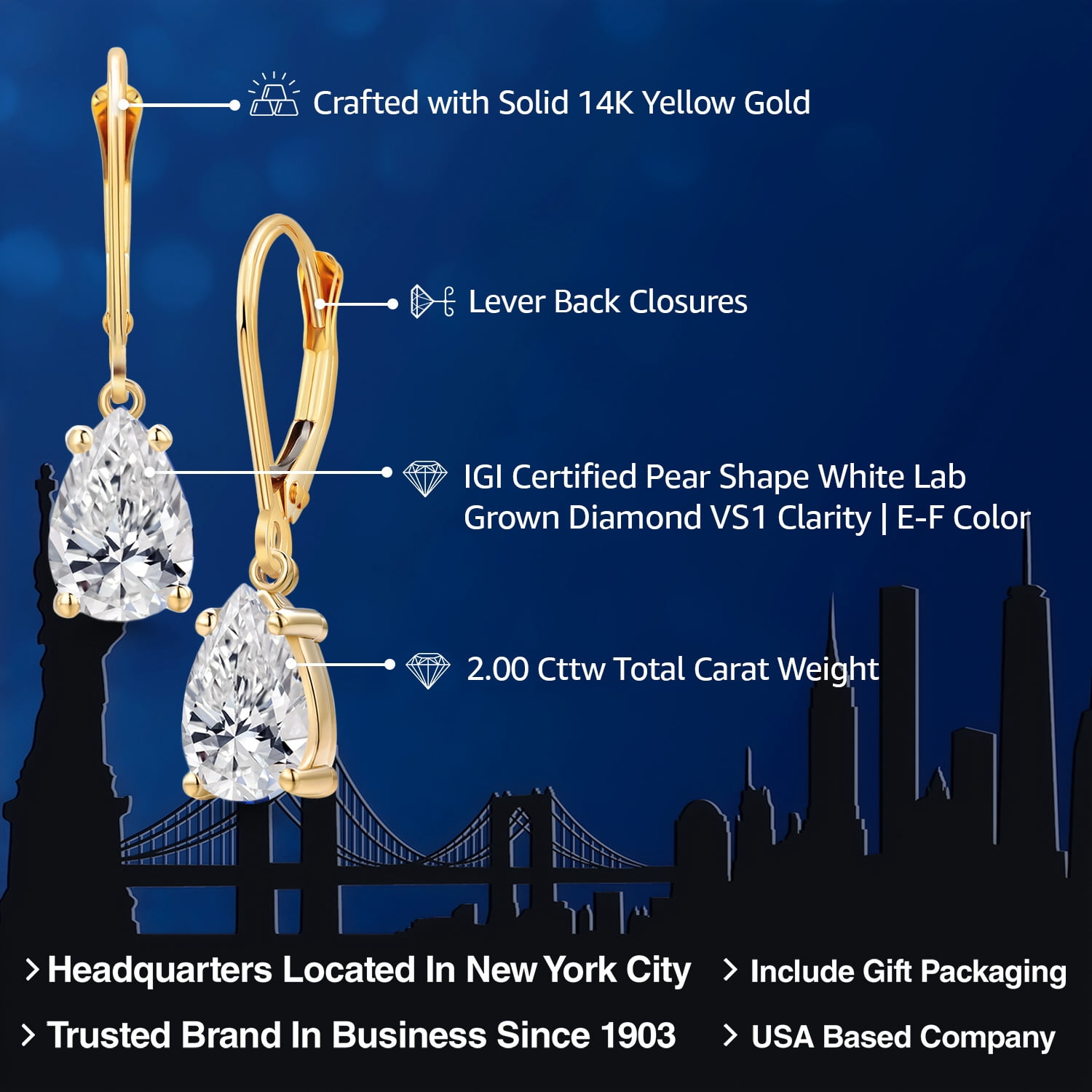 2.00 Cttw Lab Grown Diamond Dangle Drop Earrings for Women | 14K Yellow Gold | Pear Shape 1 Ct Each | IGI Certified | VS1 Clarity | D-E Color | Fine Jewelry Gifts for Her Mom Women Wife