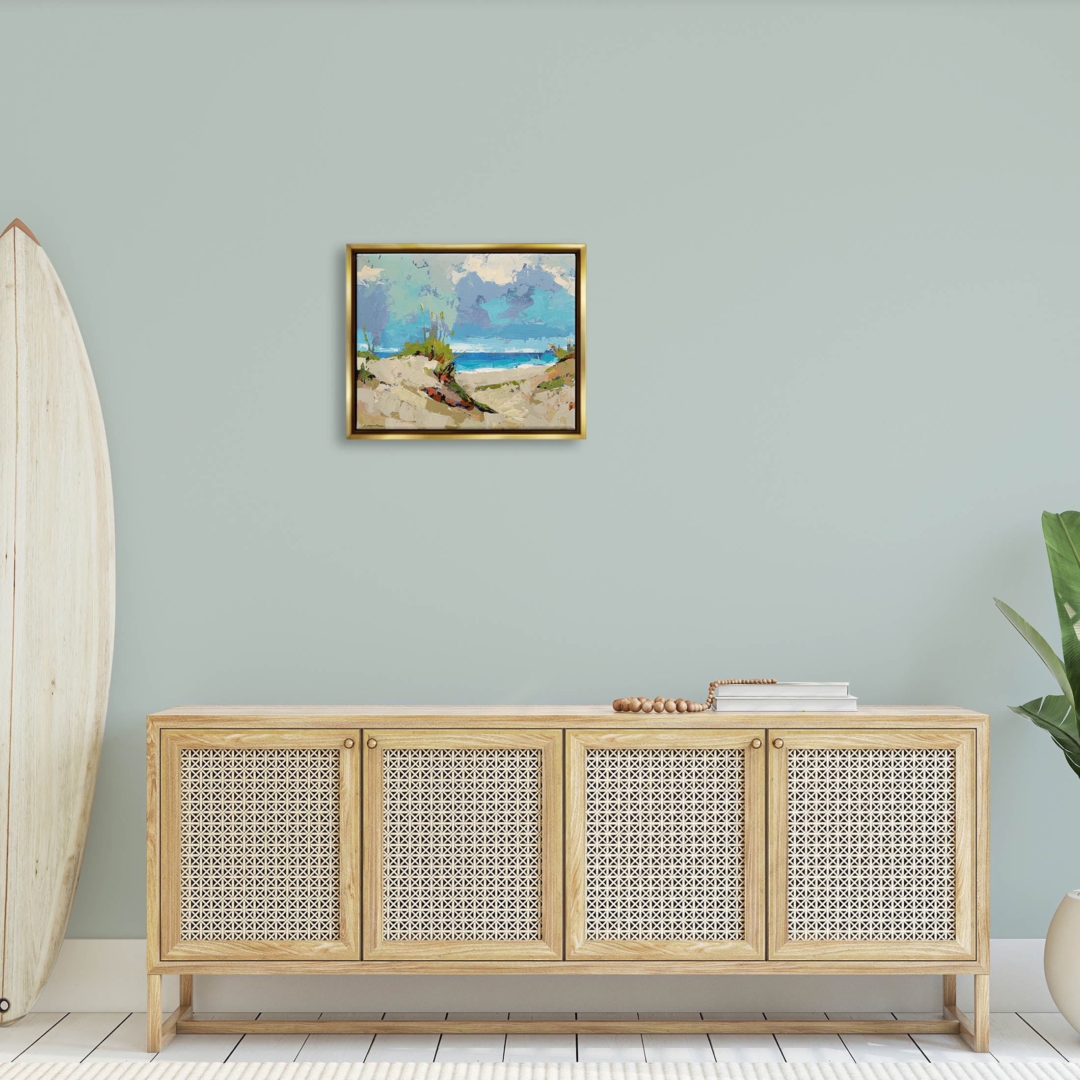 Modern Seaside Beach Scene Landscape Painting Metallic Gold Framed Art Print Wall Art