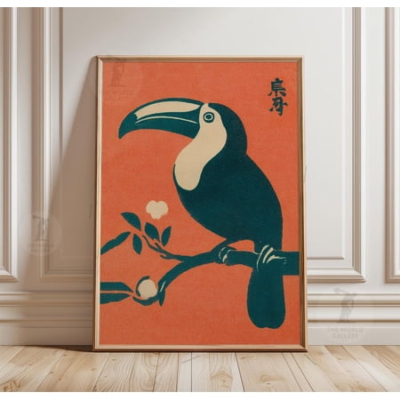 Toucan Bird Poster Orange Background Japanese Style Vintage Linocut, Unframed Poster