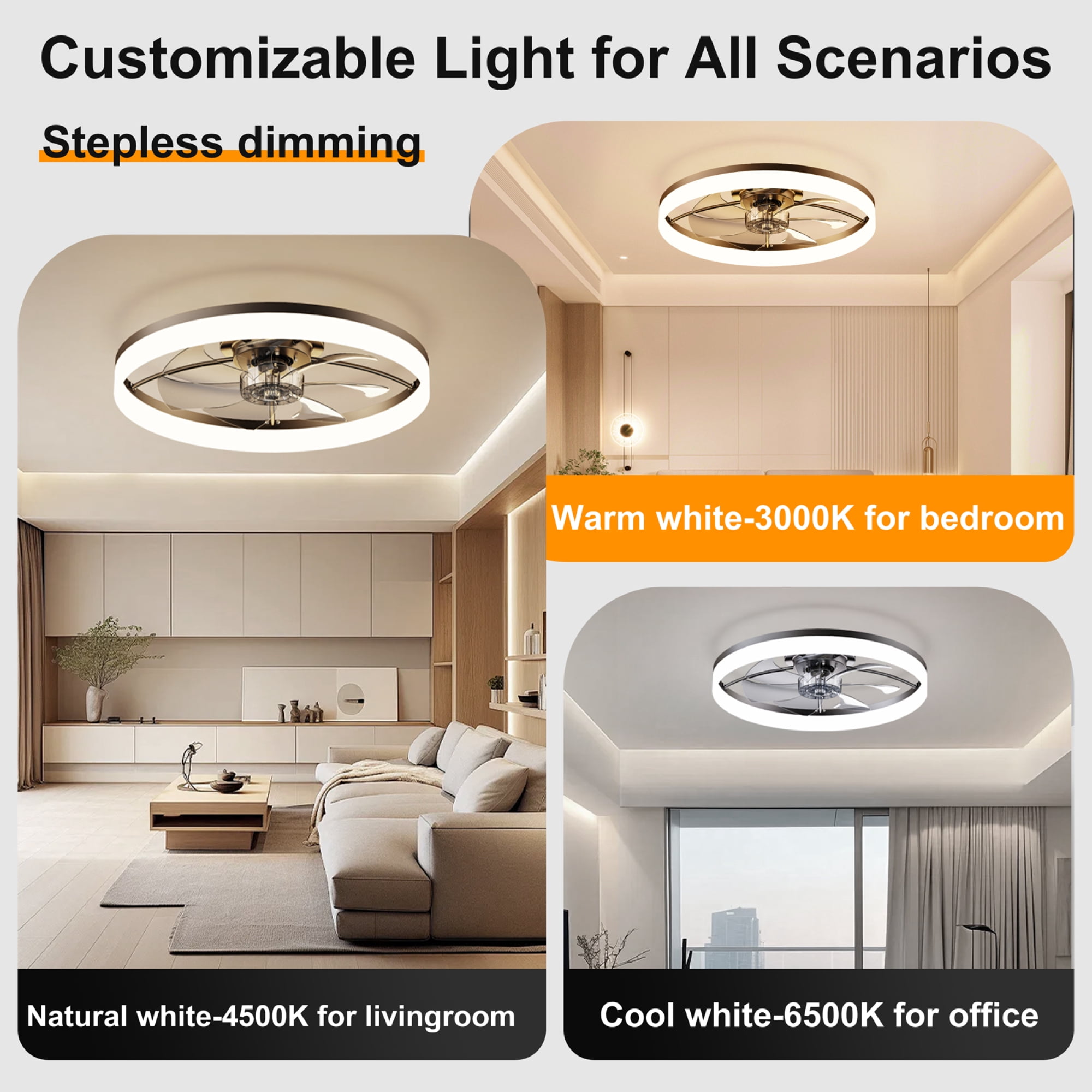 Leumius 23.6" LED Ceiling Fan Light with Remote and App Control, 6 Speeds, Dimmable Brightness, 3000K-6500K Color Temperature, Flush Mount Fandelier for Bedroom Black