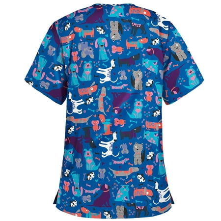 

TAIAOJING Women s Scrub Top Short Sleeve V-neck Tops Work Uniform Print Patchwork Pocket Blouse