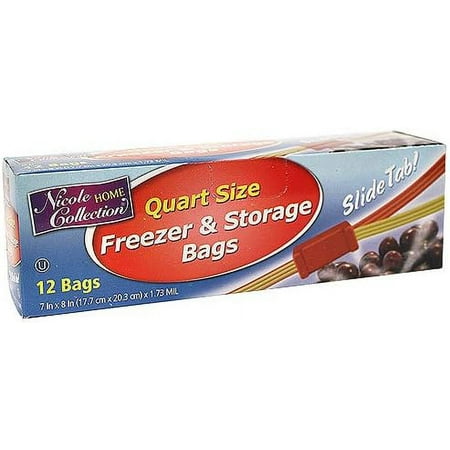 Niclole Home Collection Quart Size Freezer Slide Tab , Pack of 12 Food Storage, 12 Bags, Black