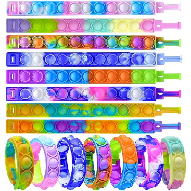 Qabfwe 30 pulseras Pop Fidget juguetes, duraderas y ajustables, pulseras para aliviar el estrés, juguetes para niños y adultos, cestas de Pascua
