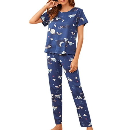 

Colisha Ladies Sleepwear Plaid Printed Nightwear Color Block Pajamas Set Loose Bredroom Floral Print Homewear Deep Blue Rainbow M