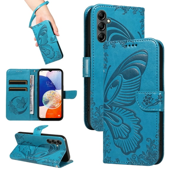 Dteck Pattern Case for Samsung Galaxy A15,Magnetic Leather Butterfly Floral Embossed Flip Case Card Slots Wallet Stand Cover with Wrist Strap for Galaxy A15 5G,Blue