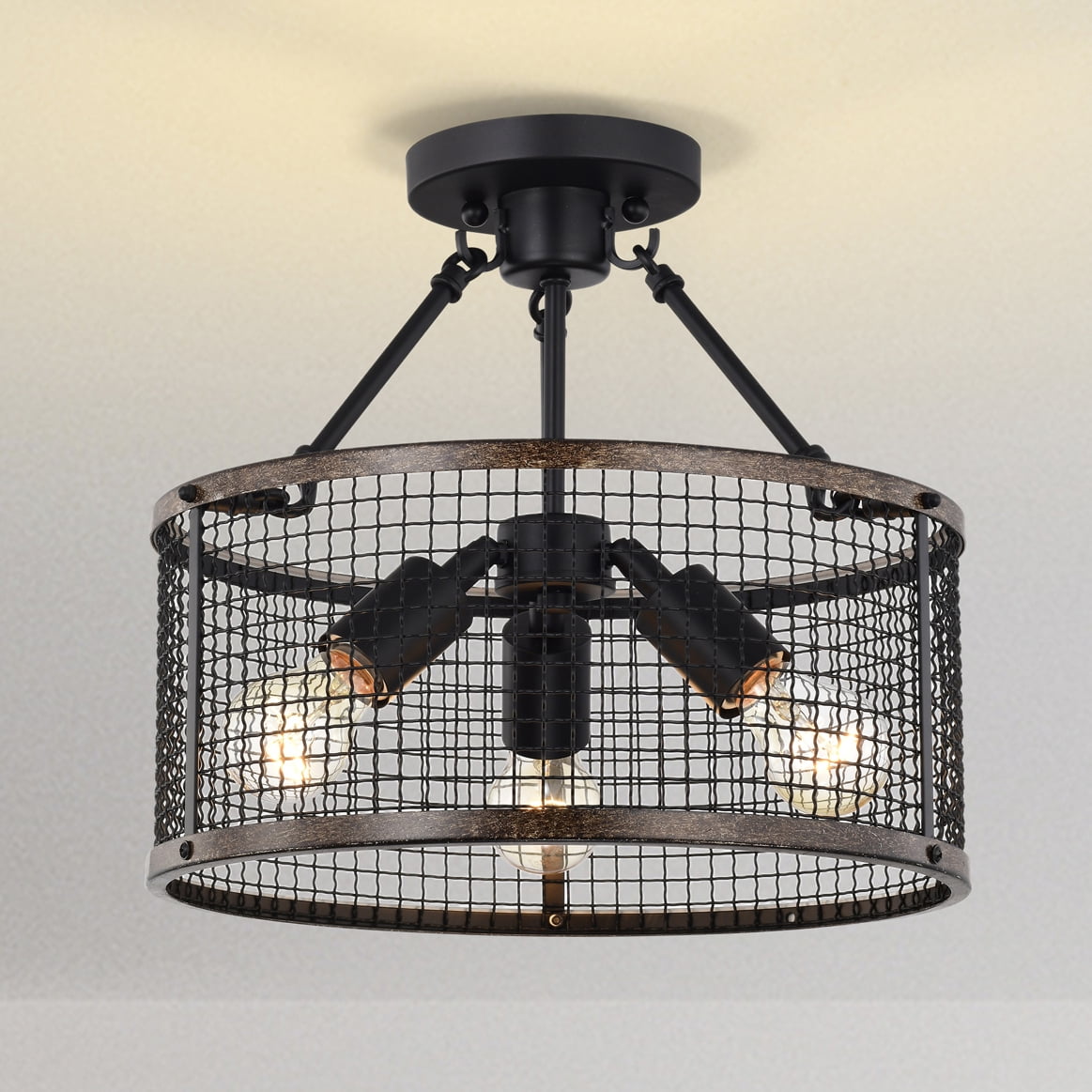 Warehouse of Tiffany Cerere Semi Flush Mount Ceiling Light Matte Black and Wood Grain Finish 3-Light