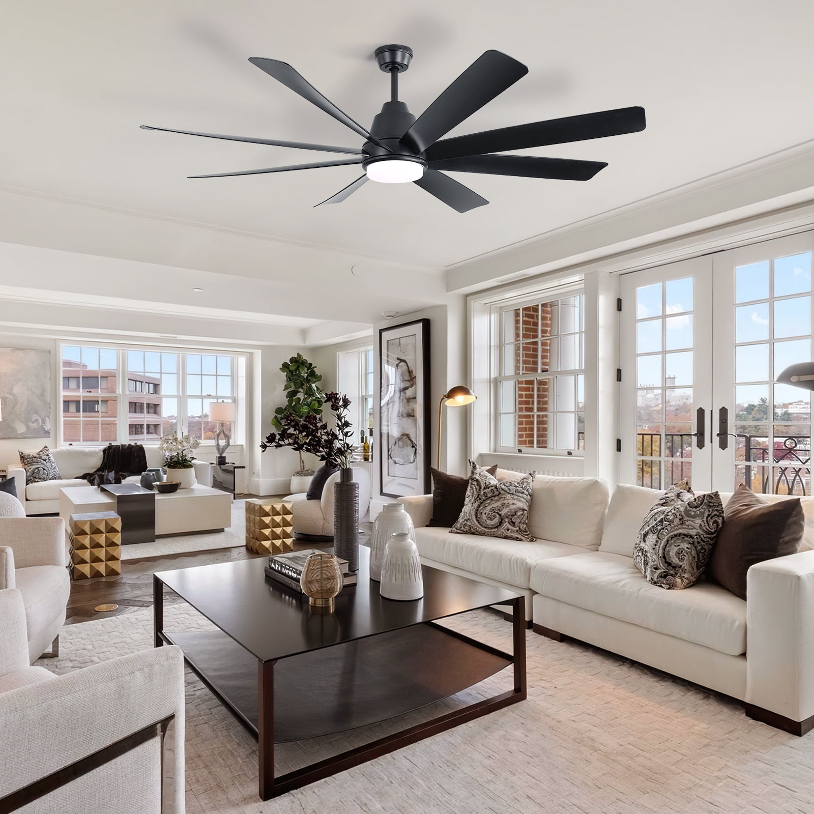 Sofucor 72 Inch Large Industrial Ceiling Fan with Light, Smart Fan with Remote & APP Control, Compatible with Alexa Google, Solid Wood 8 Blade, 3 Downrod