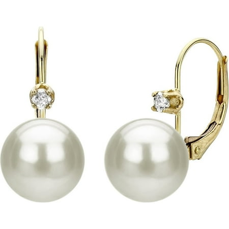 Button Shape Pearl - ADDURN 14kt Gold .10 Carat T.W. Diamond/9-9.5mm Button Shape Pearl Leverback Earring