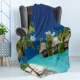 thumbnail image 4 of Island Soft Flannel Fleece Throw Blanket, Image of Beach Houses on Water with Palm Trees at Exotic Isle Art, Cozy Plush for Indoor and Outdoor Use, 50" x 60", Night Blue and Multicolor, by Ambesonne, 4 of 5