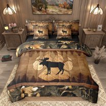 Homewish Wild Animal Moose 7-Piece Bedding Comforter Set,Cute Bear Paws King Bedding Sets,Rustic Autumn Leaves Bed Sheets For Adults,Breathable Home Decor Reversible