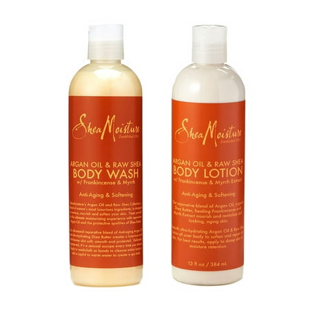 Shea Moisture Argan Oil & Raw Shea Wash & Lotion Combo - Includes Body Lotion 13 oz & Body Wash 13 oz - Best for Anti Aging &