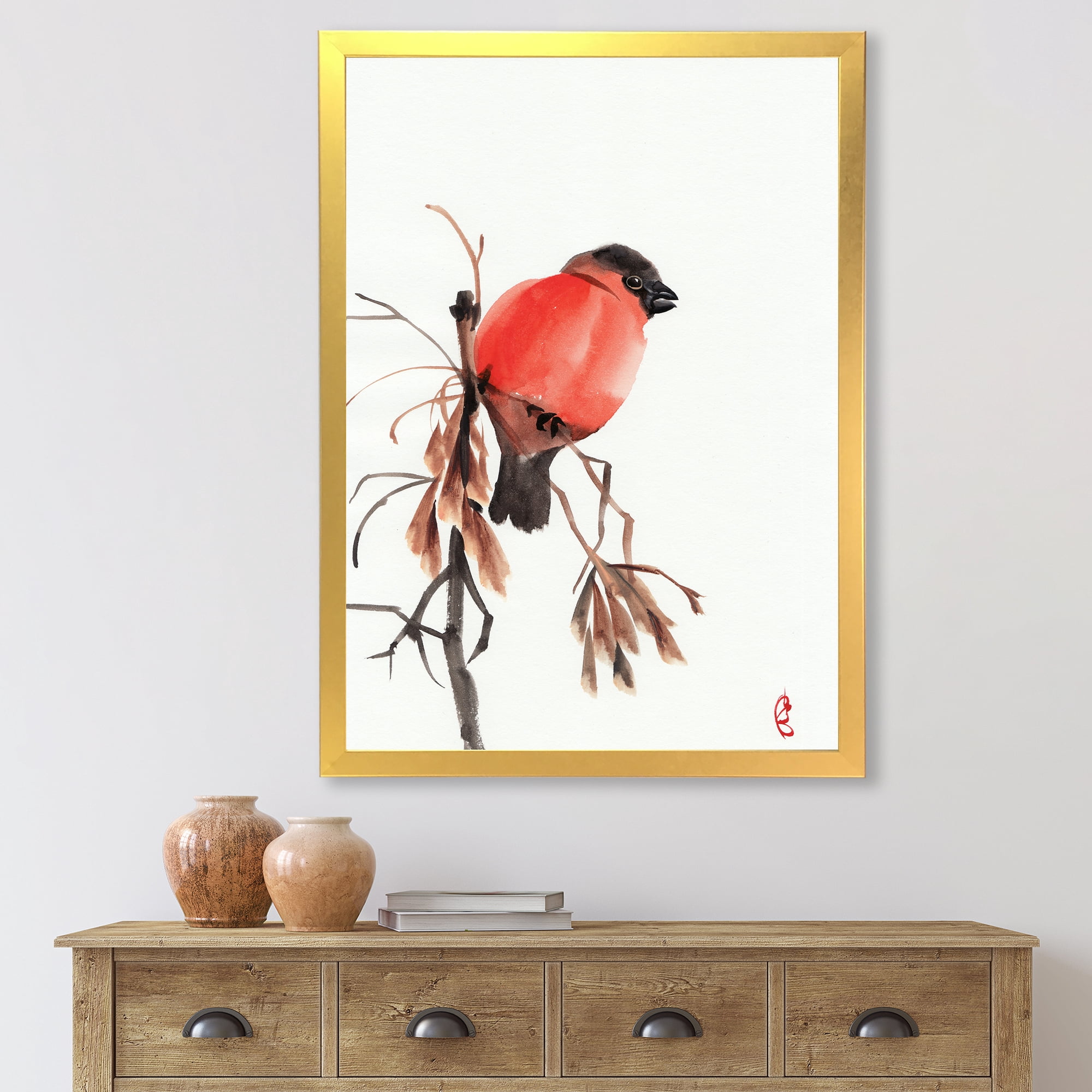 Designart 'Red Bullfinch Bird Sitting On A Branch' Traditional Framed Art Print