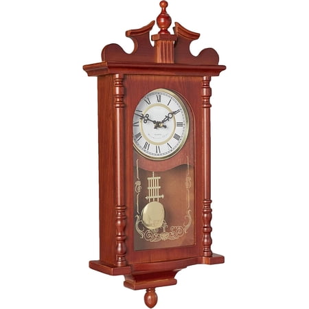 Traditional Wall Clock with Swinging Pendulum, Dark Redwood Oak Finish, 4 Chime Options, Wall Mountable