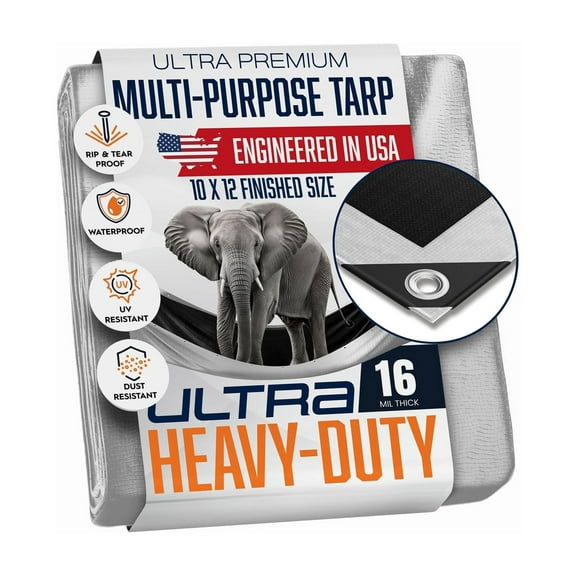 10x12 Ultra Heavy Duty Tarp, 16 Mil, UV Resistant, Grommets Every 18 inches, Waterproof Plastic Poly Tarpaulin, Reversible Silver and Black