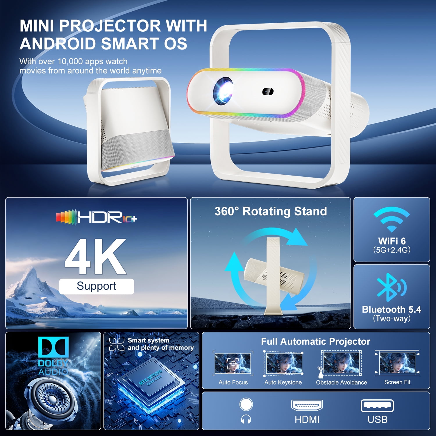 [1200ANSI&Auto Focus] Salange 1080P Full HD Portable Projector with 4K Support, WiFi 6 & Bluetooth 5.4,Built-in Ambient Lighting with Dolby Vision for Home Theater Movies