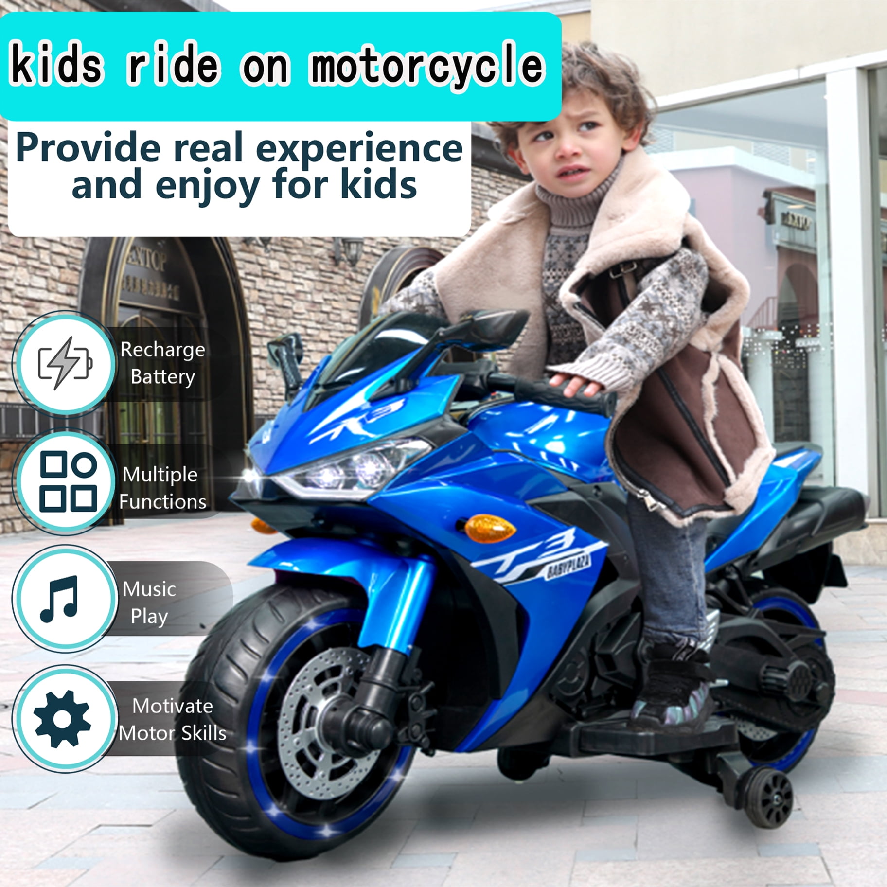 Kids Electric Motorcycle with Training Wheels, 12V Battery Powered, for Ages 3-6