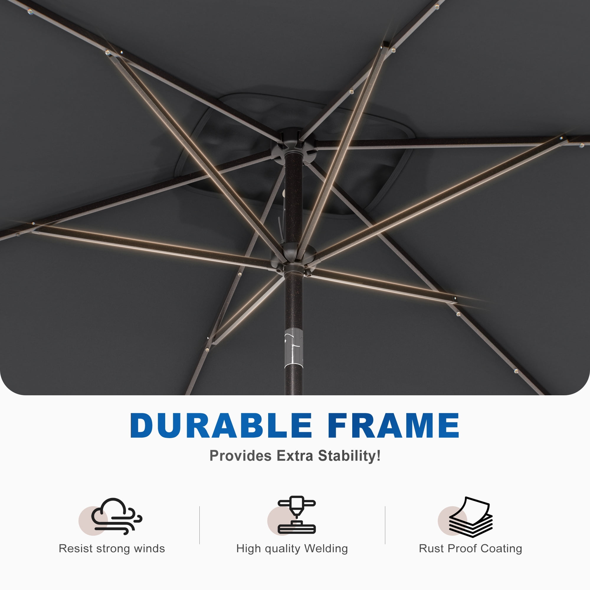 CHYVARY LED Outdoor Patio 6x9ft Deck Solar Light Market Umbrella, Outside Table Umbrellas With Polyester canopy,Anthracite