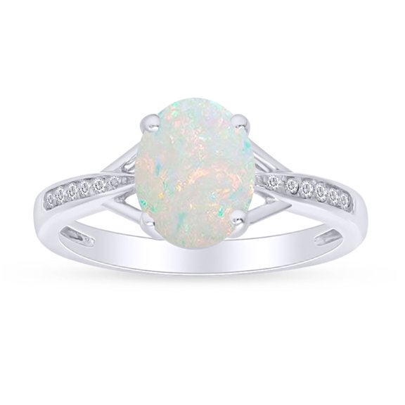Oval Cut Lab Created Opal Gemstone And Natural Diamond Accents Split Shank Engagement Ring In 14k White Gold Over Sterling Silver Jewelry For Women