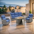 thumbnail image 2 of PARKWELL 5 Pieces Outdoor Patio High Back Furniture Set with Fire Pit Table, Luxury 6" Thick Conversation Set with Swivel Glider Chairs,Wicker Seating Set for Deck, Backyard,Gray/Navy, 2 of 13