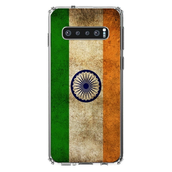DistinctInk Clear Shockproof Hybrid Case for Samsung Galaxy S10  PLUS(6.4" Screen) - TPU Bumper, Acrylic Back, Tempered Glass Screen Protector - India Old Flag Indian -India