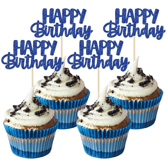 12 Pack Navy Blue Glitter Happy Birthday Cupcake Toppers, Birthday Party Cake Picks Decorations