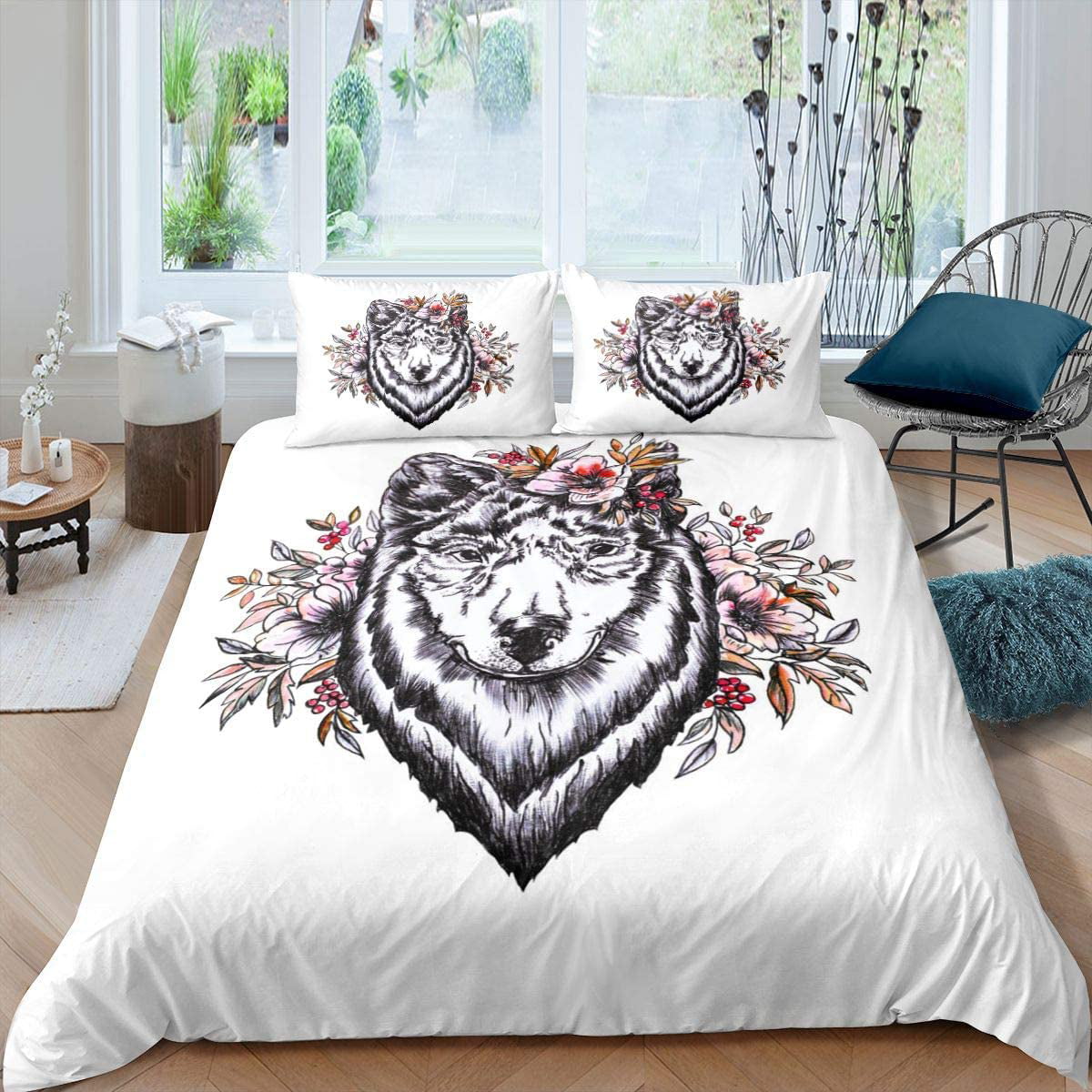 3D Wolf Bedding Set Howling Wolf Safari Animal Pattern Duvet Cover for Kids  Boys Girls Rose Floral Comforter Cover Cool Wildlife Style Decor Bedspread  Cover with 2 Pillowcases 3Pcs Bedding King -