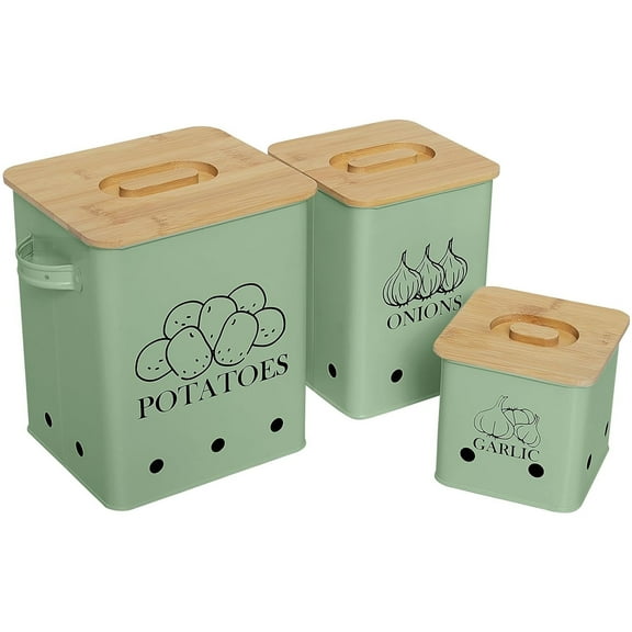 Pethiy Kitchen Canisters Set, Storage Bin for Potato Onion & Garlic, 3 Pack Set Countertop Pots Containers with Wooden Lid - Potato Storage, Garlic Bin, Onion Keeper Tin with Aerating Holes-Green